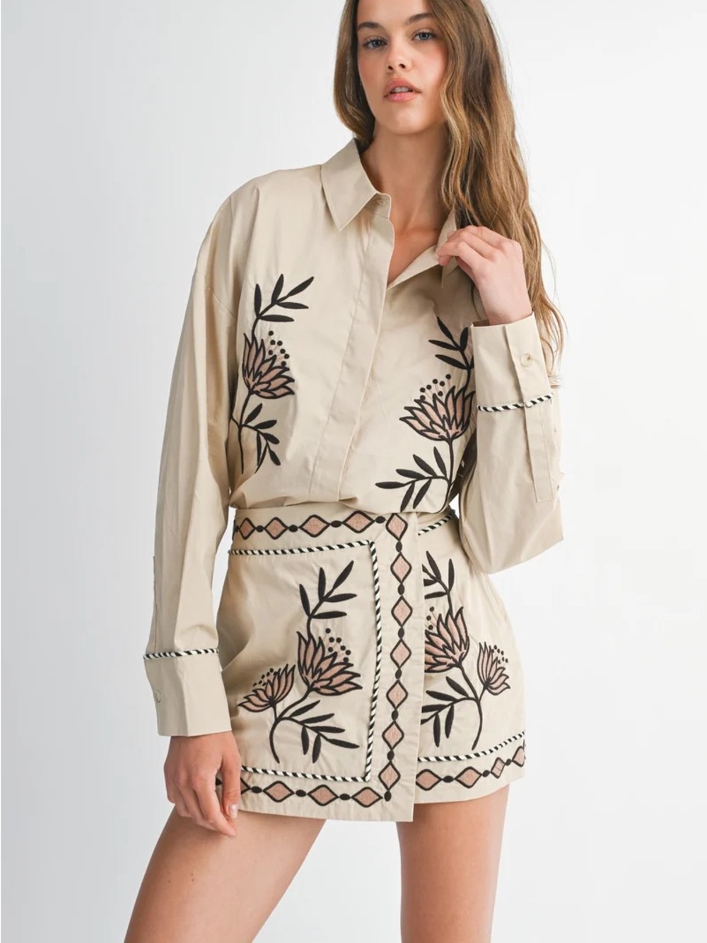 Mable Embroidered Beige Two-Piece Shirt & Skirt Set